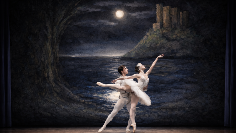 Escena del paso a dos del Lago de los Cisnes con escenografía de Jordi Mora Casanova